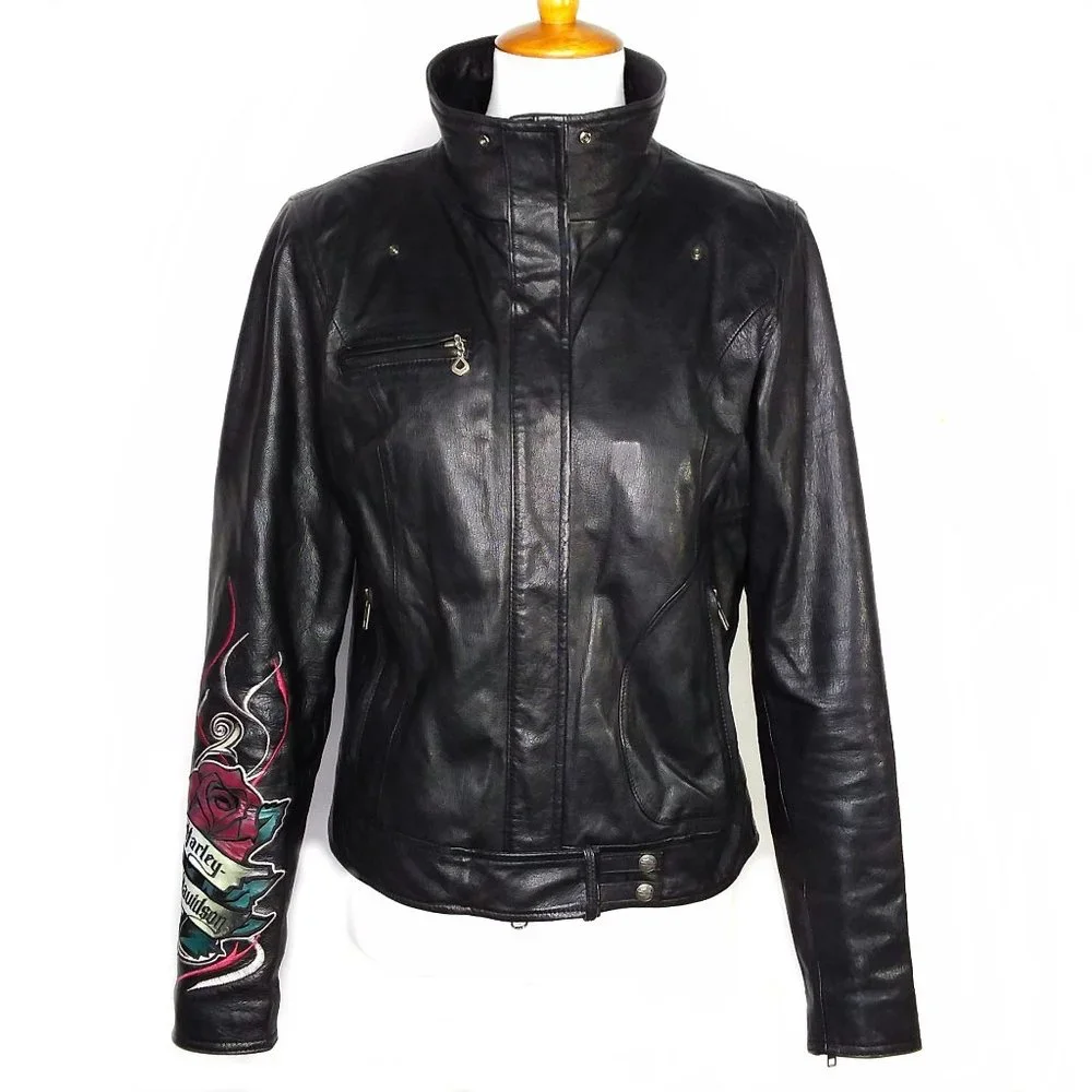 Harley Davidson Black Leather Moto Jacket Embroidered Logo Rose Size Medium - Picture 1 of 12